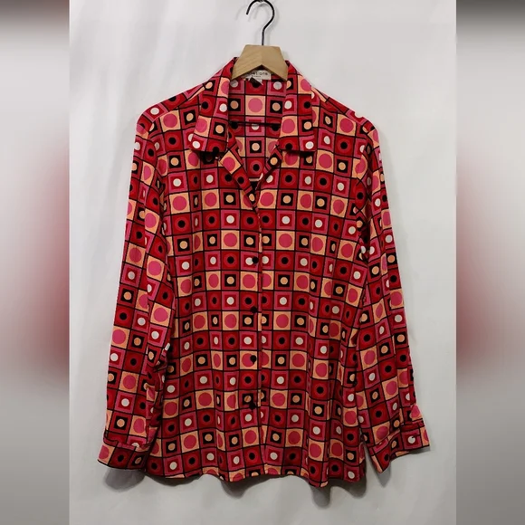 Notations Geometrical Print Button Down Shirt Womens XL Red Bobo Retro 90s Y2K - Picture 1 of 8